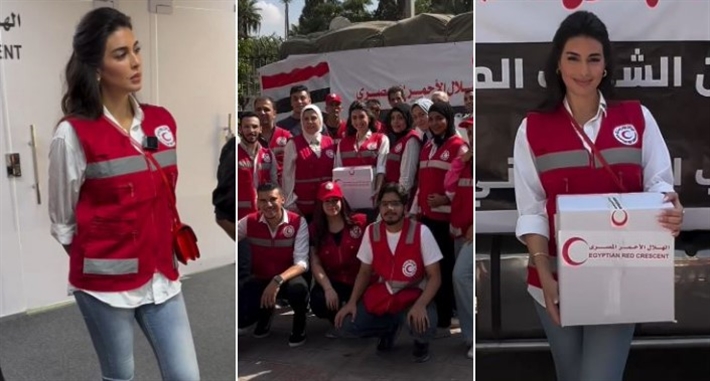 ياسمين صبري تشارك الهلال الأحمر في جمع التبرعات لفلسطين.. 